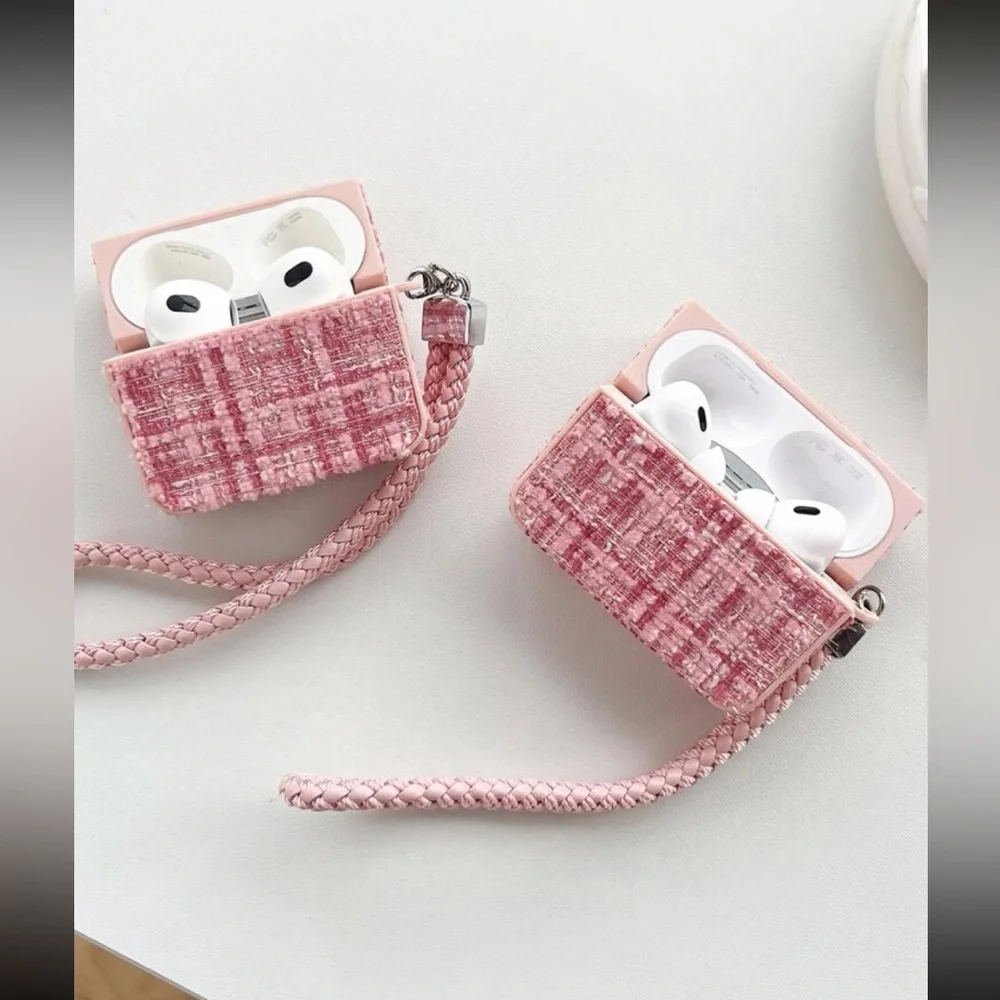 Chic Pink & Metallic Multi Tweed AirPod Case Mult Sizes New